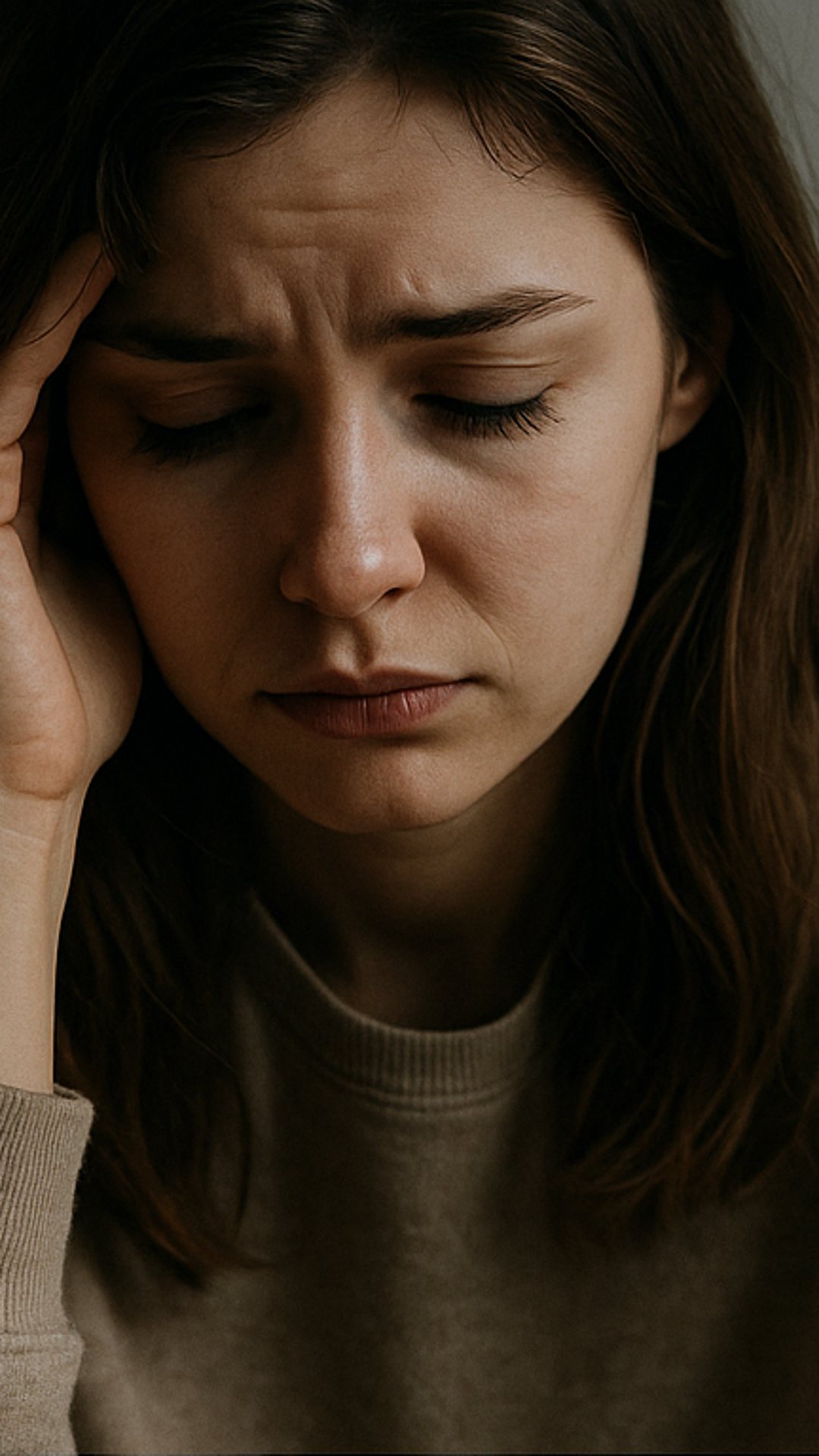 Close-up portrait of a woman in deep distress, hand pressed to forehead, eyes closed, showing the pain of negative self-talk and mental exhaustion