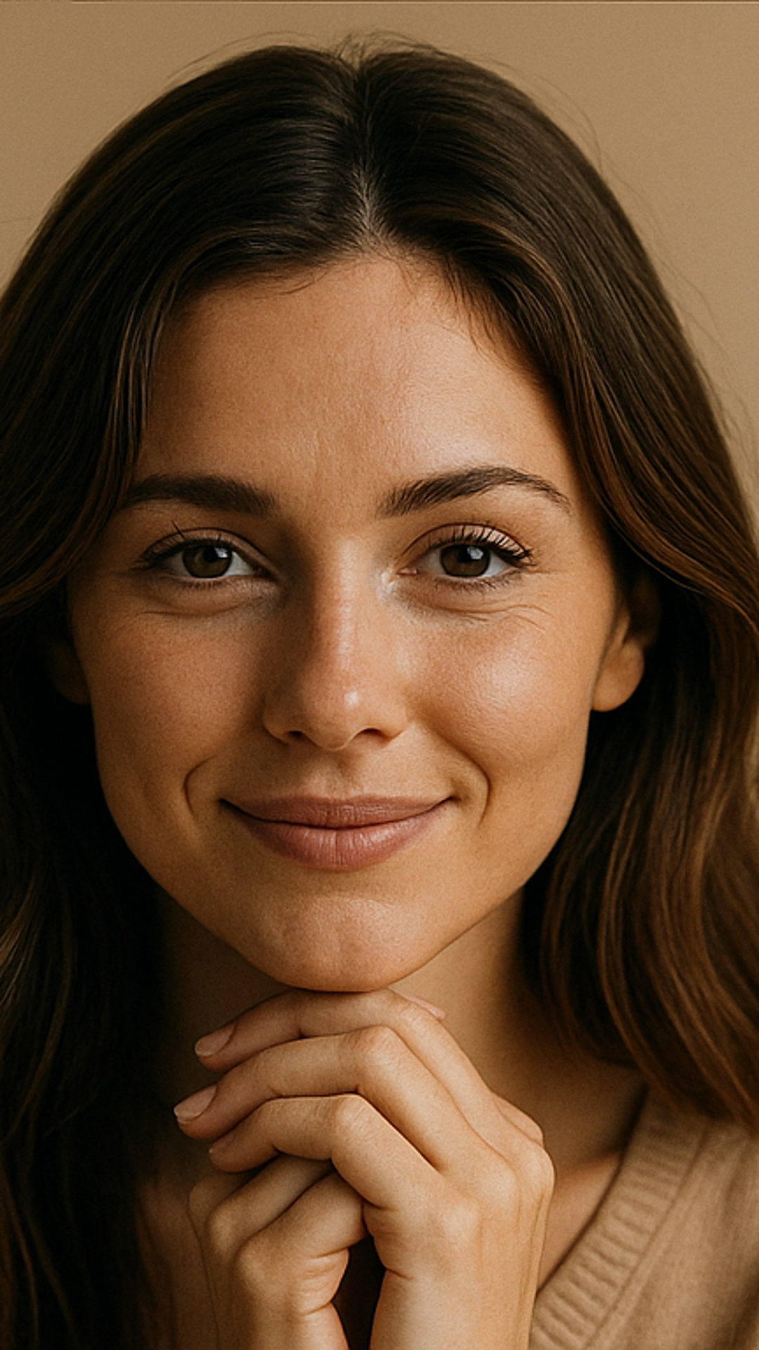 Same woman transformed - confident smile, bright eyes, hands positioned confidently, radiating inner peace and happiness after using Positivity Push